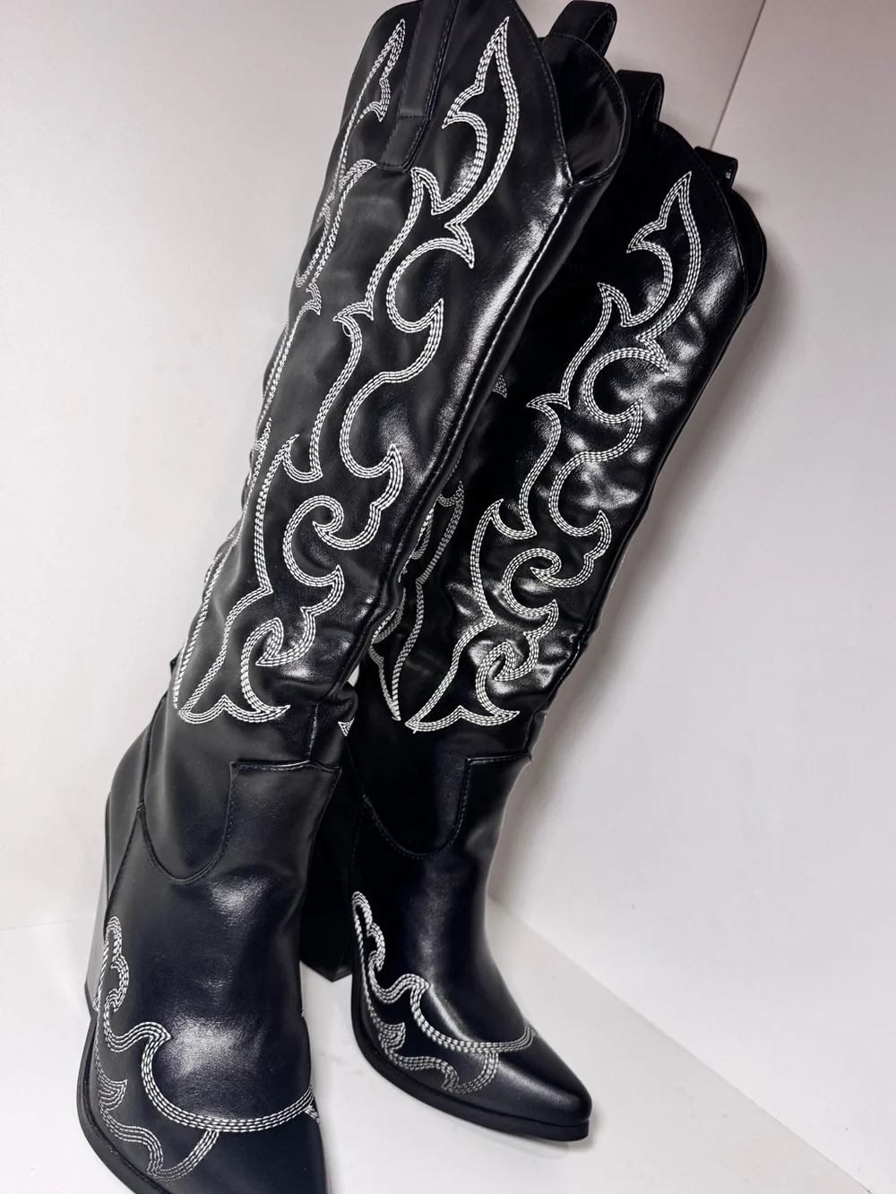 PrettyLittleThing Black Knee-High Embellished Western Boots